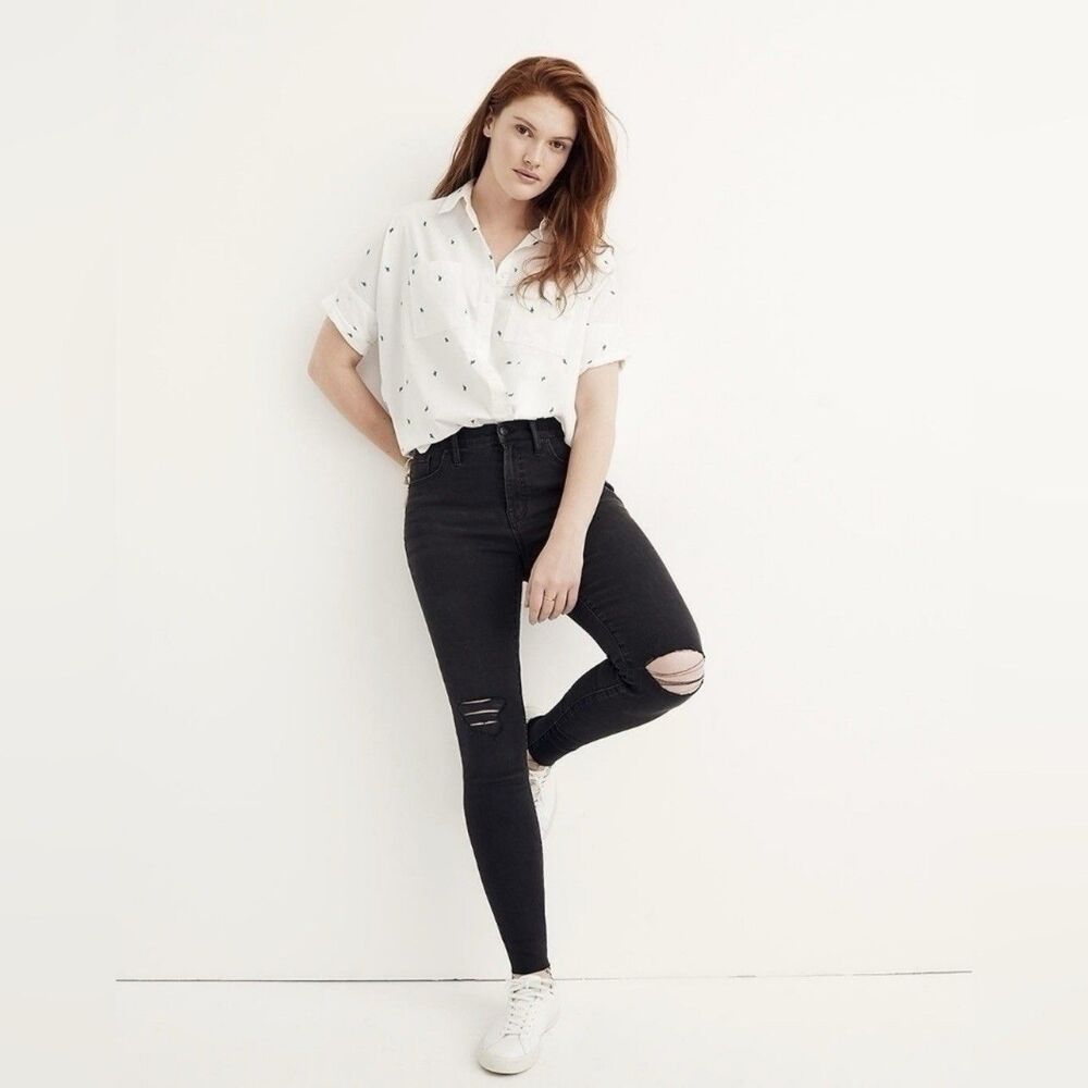 Madewell 9” High Rise Skinny Ripped Knee Raw Hem Black Sea Jeans Women’s Size 27